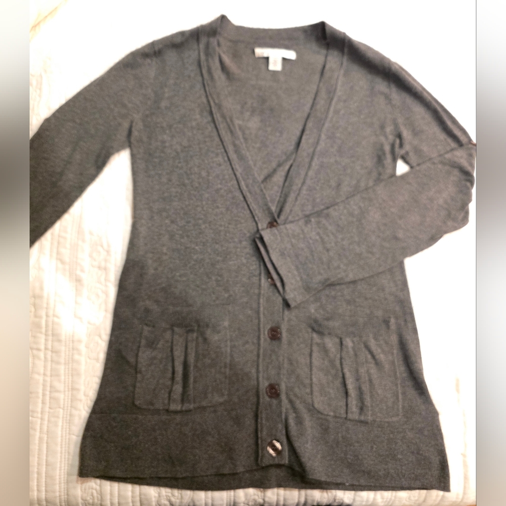 Kenneth Cole Women's Gray Cardigan Sweater Front Pockets Rollup Sleeves Sz S